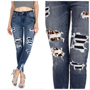KANCAN Distressed Jeans with Leopard Dark Wash- Jeans